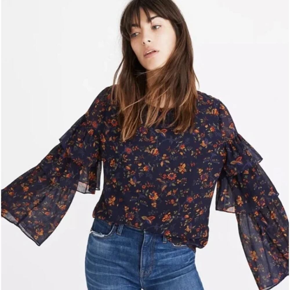Madewell Ruffle-Sleeve Top Women's Small Navy Blue Floral Climbing Vine Blouse - Picture 13 of 13